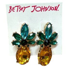Betsey Johnson Pineapple Rhinestone Earrings With Yellow & Green Gemstones